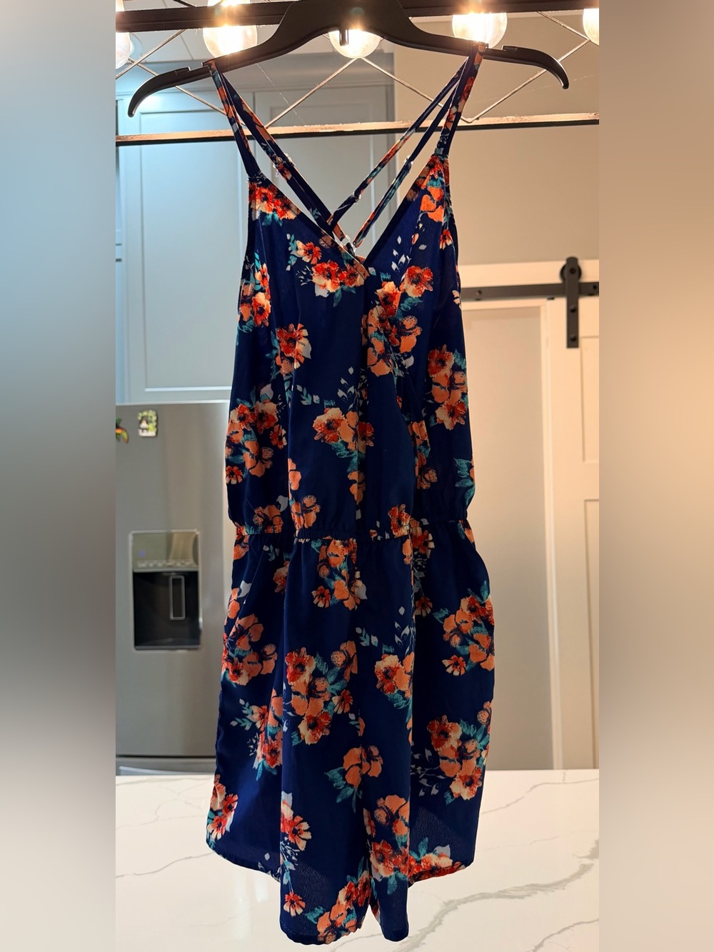 Arizona Floral Navy Blue Spaghetti Strap romper